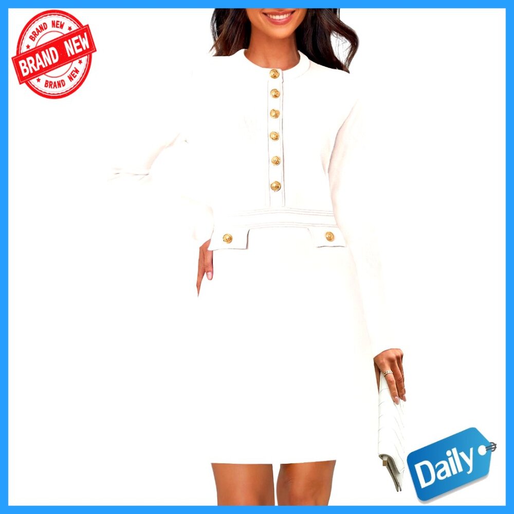 Long Sleeve Bodycon Sweater Dress Button Crew Neck Formal Mini Ribbed Knit